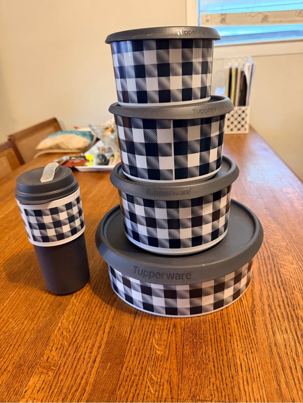 Tupperware Black & White Gingham Nesting Storage Set with Travel Cup